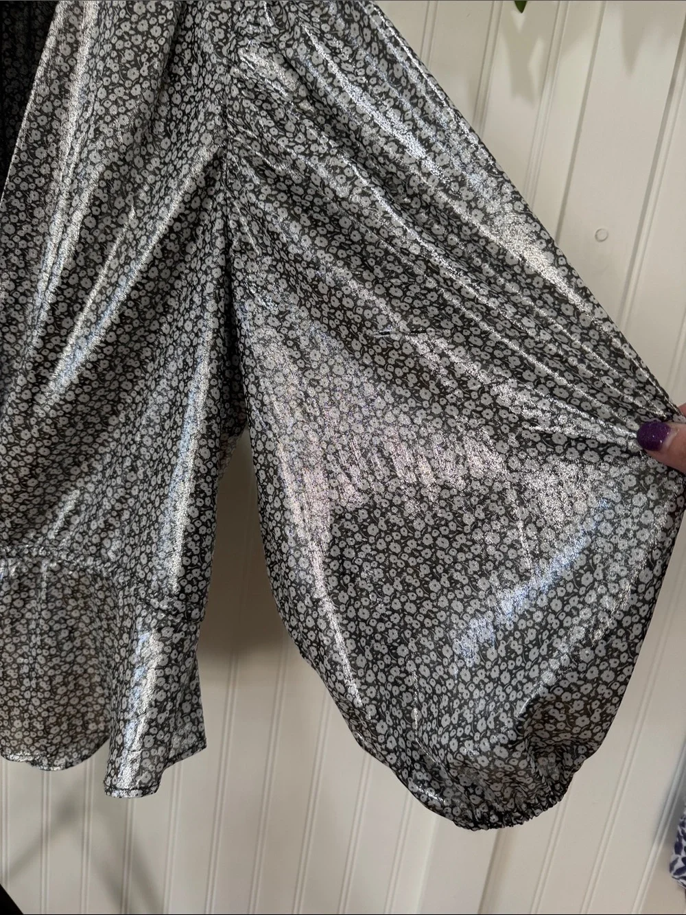 #978 FREE PEOPLE Talk That Talk Shiny Silver Floral Peplum Blouse